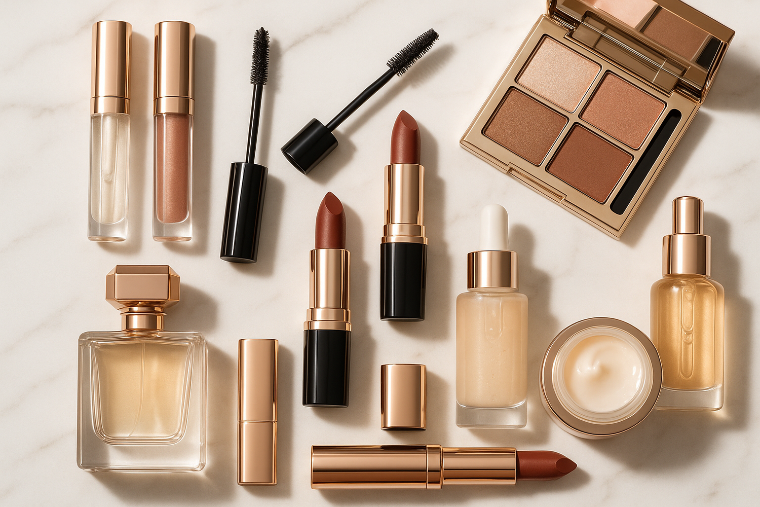 lipgloss, lipstick, mascara, eyeshadow, perfume , and skincare